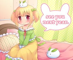  1girl bare_shoulders bed bedroom blonde_hair blush bow curtains english frills hair_bow long_sleeves looking_at_viewer mizuno_mumomo new_year object_on_head on_bed original pillow polka_dot red_eyes short_hair skirt smile snow_bunny solo speech_bubble twintails 