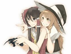  2girls bare_shoulders black_hair blonde_hair bow braid controller game_controller grin hair_bow hair_tubes hakurei_reimu hat haya_kewi kirisame_marisa long_hair multiple_girls pointing single_braid smile touhou witch_hat yellow_eyes 