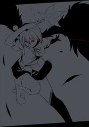  1girl black_wings feathers geta glowing glowing_eyes hat monochrome niwatazumi red_eyes shameimaru_aya short_hair skirt solo spot_color tokin_hat touhou wings 
