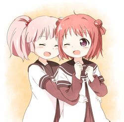  2girls :d ^_^ akaza_akari araki495 closed_eyes double_bun hair_bobbles hair_bun hair_ornament hug hug_from_behind multiple_girls open_mouth pink_hair redhead school_uniform serafuku smile twintails violet_eyes yoshikawa_chinatsu yuru_yuri 