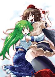  2girls black_hair breasts brown_eyes detached_sleeves green_hair hair_ornament hat kochiya_sanae long_hair multiple_girls open_mouth red_eyes sarashi shameimaru_aya short_hair skirt smile tokin_hat touhou unya wings 