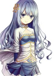  1girl alternate_hair_length alternate_hairstyle belt blue_eyes blue_hair cape hair_ornament hairclip long_hair magical_girl mahou_shoujo_madoka_magica mahou_shoujo_madoka_magica_movie midriff miki_sayaka smile solo soul_gem 
