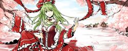  1girl bow cherry_blossoms dress fancybetty frills front_ponytail green_eyes green_hair hair_bow kagiyama_hina long_hair looking_at_viewer ribbon solo touhou 