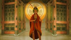  1girl green_eyes green_hair gumi hair_bun highres katana solo sunglasses sword tomioka_jirou vocaloid weapon 