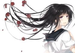  1girl black_hair chitanda_eru flower hyouka long_hair red_eyes rose school_uniform teigi 