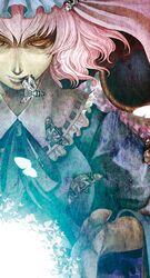  1girl blue_man evil_smile glowing moth pink_hair red_eyes saigyouji_yuyuko short_hair smile solo touhou 