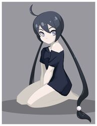  1girl ahoge black_hair blue_eyes bottomless highres long_hair naked_shirt no_lineart off_shoulder original pale_skin poco_muerte seiza sitting solo spikewible t-shirt twintails v_arms 