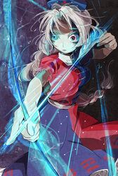  1girl arrow asymmetrical_clothes blue_eyes bow_(weapon) braid crazy_eyes hat highres long_hair nail_polish nurse_cap pompa silver_hair single_braid solo touhou weapon yagokoro_eirin 