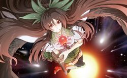  1girl arm_cannon black_legwear bow brown_hair cape cockadooodledoo hair_bow long_hair mismatched_footwear red_eyes reiuji_utsuho skirt smile solo space thigh-highs third_eye touhou weapon wings 