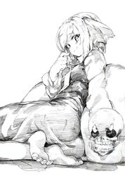  1girl barefoot feet hair_ribbon highres konnanottenaiyo monochrome ribbon rumia short_hair skirt skirt_set skull smile solo touhou traditional_media 