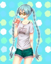  1girl aqua_eyes braid drinking green_eyes hatsune_miku long_hair looking_at_viewer ma_(s-m-l) short_shorts shorts solo straw sunglasses twin_braids very_long_hair vocaloid 
