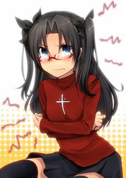  1girl annoyed black_hair blue_eyes blush bow fate/stay_night fate_(series) glasses hair_bow long_hair marimo_danshaku red-framed_glasses skirt solo tears thigh-highs toosaka_rin twintails 