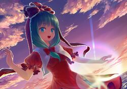  1girl bow dress front_ponytail green_hair hair_bow hair_ribbon kagiyama_hina long_hair open_mouth ribbon smile solo sunset touhou water zimajiang 