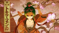  breasts cleavage flower green_eyes green_hair gumi hair_bun highres katana sunglasses sword tomioka_jirou vocaloid weapon 