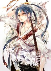  1boy blue_hair chinese_clothes japu_(pu_san_love) magi_the_labyrinth_of_magic polearm ren_hakuryuu scar solo weapon 