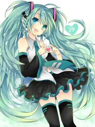  1girl 39 aqua_eyes detached_sleeves green_hair hatsune_miku headset heart heart_hands highres leeannpippisum long_hair navel necktie open_mouth skirt solo thigh-highs twintails very_long_hair vocaloid 