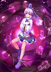  1girl blush hat highres japanese_clothes kagomikan313 kariginu mononobe_no_futo ponytail ribbon short_hair silver_hair skirt smile solo tate_eboshi touhou violet_eyes 