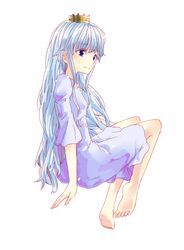  1girl bare_legs barefoot blue_dress blue_eyes blue_hair crown dress long_hair miyo_(ranthath) original solo 