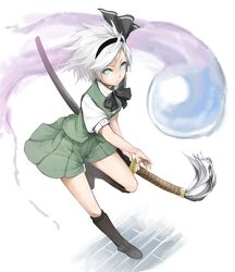  1girl absurdres akira0171 boots green_eyes hairband highres konpaku_youmu konpaku_youmu_(ghost) scabbard sheath sheathed short_hair silver_hair skirt skirt_set solo sword touhou weapon 