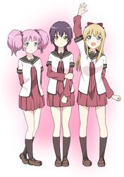  3girls :d arm_up ayumu-k black_hair black_legwear blonde_hair blue_eyes bow brown_eyes funami_yui hair_bobbles hair_bow hair_ornament long_hair multiple_girls pink_hair school_uniform serafuku shoes short_hair socks toshinou_kyouko twintails yoshikawa_chinatsu yuru_yuri 
