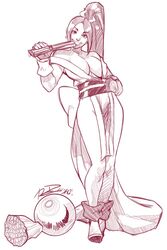  1girl breasts earrings fan fatal_fury grin japanese_clothes jewelry kimono king_of_fighters large_breasts long_hair monochrome obi ponytail robaato shiranui_mai sketch smile solo 