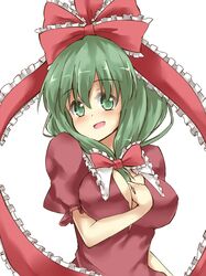  1girl between_breasts blush breasts cleavage_cutout dress front_ponytail green_eyes green_hair hair_ribbon kagiyama_hina large_breasts long_hair open_mouth red_dress ribbon smile solo tam-out_(datam) touhou 