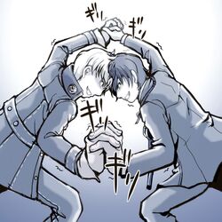  2boys arisato_minato grin head_to_head interlocked_fingers monochrome multiple_boys narukami_yuu persona persona_3 persona_4 school_uniform smile t0kiwa trembling 