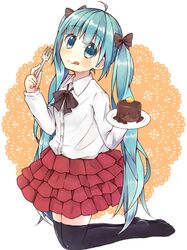  1girl :q aqua_eyes aqua_hair bow bowtie food fork hair_bow hatsune_miku kneeling kuu_1801 long_hair skirt solo thigh-highs tongue twintails very_long_hair vocaloid 