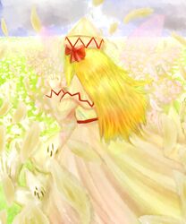  1girl blonde_hair blue_sky dress fairy_wings flower from_behind hands_clasped hat hat_ribbon lily_white long_hair macchauguisu outdoors praying ribbon sky solo touhou white_dress wind wings 