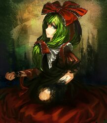  1girl bow dress front_ponytail green_eyes green_hair hair_bow hair_ribbon kagiyama_hina maroon10 ribbon solo touhou 