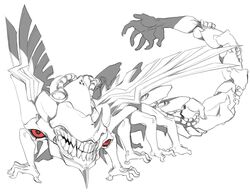  alien bared_teeth extra_arms jason_robinson monochrome no_humans partially_colored r-type red_eyes solo wings 