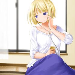  1girl blonde_hair blue_eyes bob_cut breasts digital_media_player earphones kasuga_yukihito kriemhild_(kasuga_yukihito) large_breasts listening_to_music long_skirt original short_hair skirt solo 