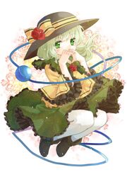  1girl bow chikamichi_(ssssgirl) flower green_eyes green_hair hat hat_bow hat_flower heart heart_hands komeiji_koishi looking_at_viewer pantyhose rose short_hair solo third_eye touhou white_legwear 