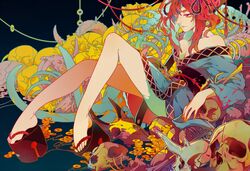  1girl bare_legs bare_shoulders barefoot bone coin full_body kouko_(thorax) legs obi onozuka_komachi redhead sitting skull solo string touhou twintails 