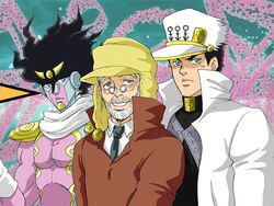  3boys beard black_hair facial_hair glasses hat jojo_no_kimyou_na_bouken joseph_joestar kuujou_joutarou mane_(kanpekikiss) multiple_boys stand_(jojo) star_platinum white_hair 