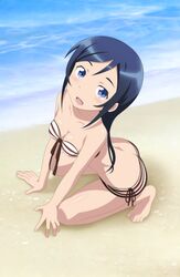  1girl aragaki_ayase beach blue_eyes blush breasts front-tie_top long_hair looking_at_viewer navel open_mouth ore_no_imouto_ga_konna_ni_kawaii_wake_ga_nai sand smile smile_(rz) solo squatting water 