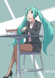  1girl 39 2013 aqua_eyes aqua_hair chair crossed_legs dated doughnut hatsune_miku high_heels kirigaya_yuuji long_hair pantyhose shoes sitting skirt solo table twintails very_long_hair vocaloid 