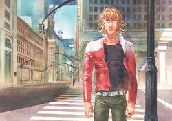  914kana barnaby_brooks_jr blonde_hair city glasses jacket jewelry necklace red_jacket solo tiger_&amp;_bunny traditional_media watercolor_(medium) 