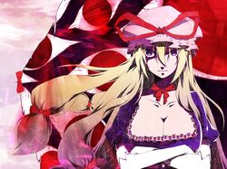  1girl absurdres blonde_hair breasts bust cleavage crossed_arms elbow_gloves eyes gap gloves hair_between_eyes hair_ribbon hat hat_ribbon highres kimsomi large_breasts long_hair ribbon ribbon_choker solo touhou tress_ribbon violet_eyes yakumo_yukari 