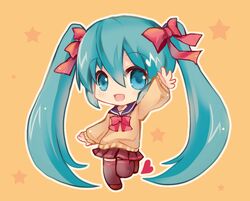  1girl aikashouryou aqua_eyes aqua_hair arm_up bow chibi hair_bow hair_ribbon hatsune_miku long_hair open_mouth ribbon school_uniform serafuku skirt solo star thigh-highs twintails very_long_hair vocaloid 