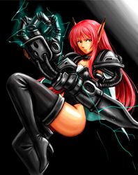  1girl armor artiat:sushi_(sashimise) black_legwear boots choker electricity expressionless fal_(psiv) gloves green_eyes leotard long_hair mecha_musume mechanical_arm pauldrons phantasy_star phantasy_star_iv pink_hair pointy_ears solo thigh-highs thigh_boots 