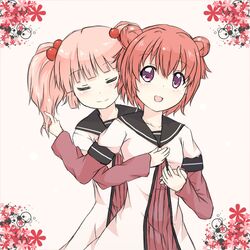  2girls akaza_akari closed_eyes double_bun hug kotaka multiple_girls pink_hair redhead school_uniform serafuku short_hair short_twintails smile twintails uniform yoshikawa_chinatsu yuru_yuri 