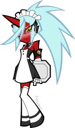  1girl alternate_costume armband bare_shoulders blue_hair blush demon_girl elbow_gloves enmaided fang female gloves green_eyes horn kneesocks_(psg) long_hair maid maid_headdress multi-colored_eyes official_style paintze panty_&amp;_stocking_with_garterbelt ponytail red_skin solo thigh-highs tray white_gloves white_legwear 