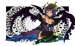  1girl arm_support bare_shoulders highres horns lips machsum mole pointy_ears purple_hair short_hair sitting solo tagme thigh-highs wings 