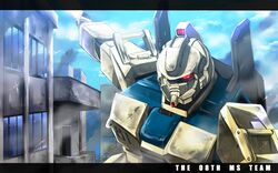  city clouds damaged energy_sword ez-8_gundam glowing glowing_eyes gundam gundam_08th_ms_team highres mecha nekominase no_humans sky smoke sword weapon 