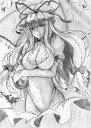  1girl bow breast_hold breasts choker cleavage crossed_arms dress elbow_gloves gap gloves graphite_(medium) hair_bow hasaya123 hat hat_ribbon large_breasts long_hair monochrome ribbon sketch solo touhou traditional_media umbrella yakumo_yukari 