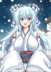  1girl aqua_hair blue_eyes blush bow character_request detached_sleeves hair_bow hasaya123 japanese_clothes kimono long_hair obi open_mouth snow snowing snowman solo 