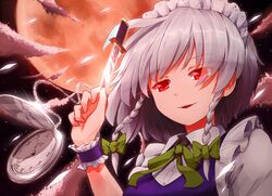  1girl braid clock glowing glowing_eye hair_ribbon izayoi_sakuya knife moon orange-pengin red_eyes red_moon ribbon silver_hair solo touhou twin_braids wrist_cuffs 