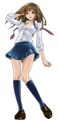  1girl blue_legwear breasts brown_hair cleavage grey_eyes highres kneehighs loafers long_hair necktie original school_uniform shoes skirt 