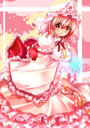  1girl alternate_color blush breasts butterfly dress glowing hat large_breasts long_sleeves looking_at_viewer nagare open_mouth pink_dress puffy_sleeves red_eyes redhead saigyouji_yuyuko sash smile solo touhou triangular_headpiece veil wide_sleeves 